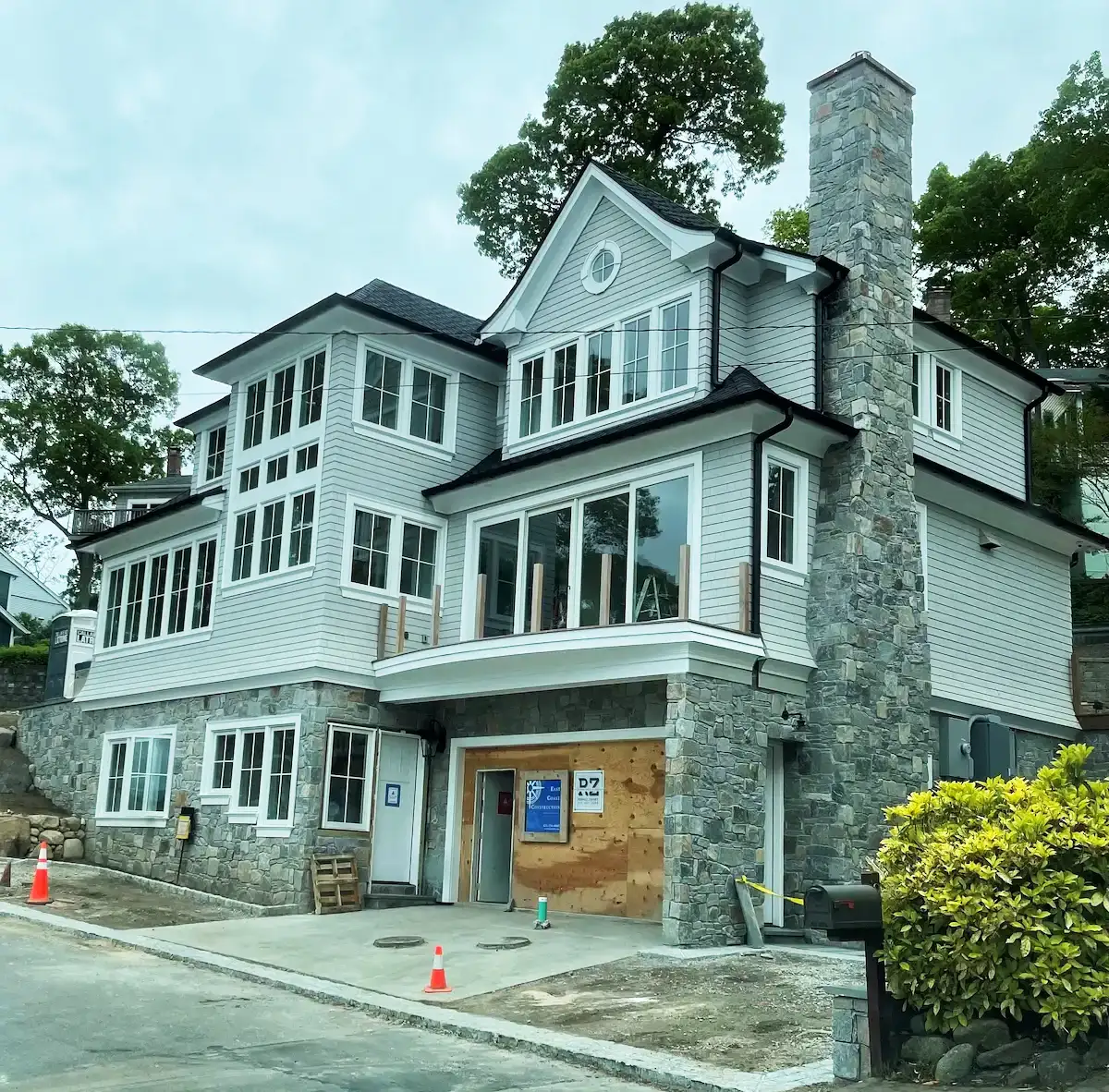 new home build stone chimney